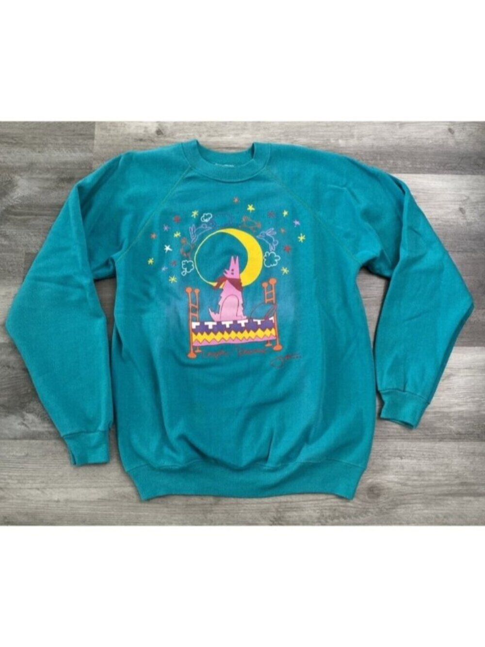 VTG USA J. Low Hand Painted Sweatshirt Coyote Dreams Green Raglan '80s Large
